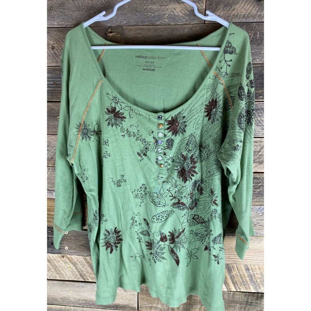 Avenue Women's Plus Sz 22/24 Embroidered Flowers 3/4 Sleeve Pearl Snap Green Top